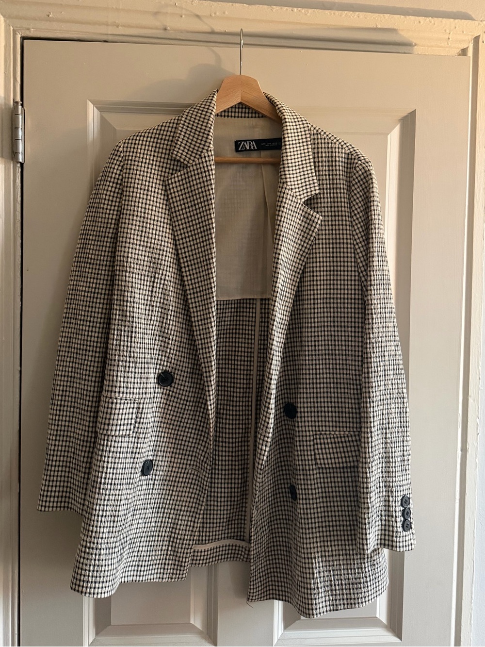 Zara Black & White Houndstooth Double-Breasted Blazer